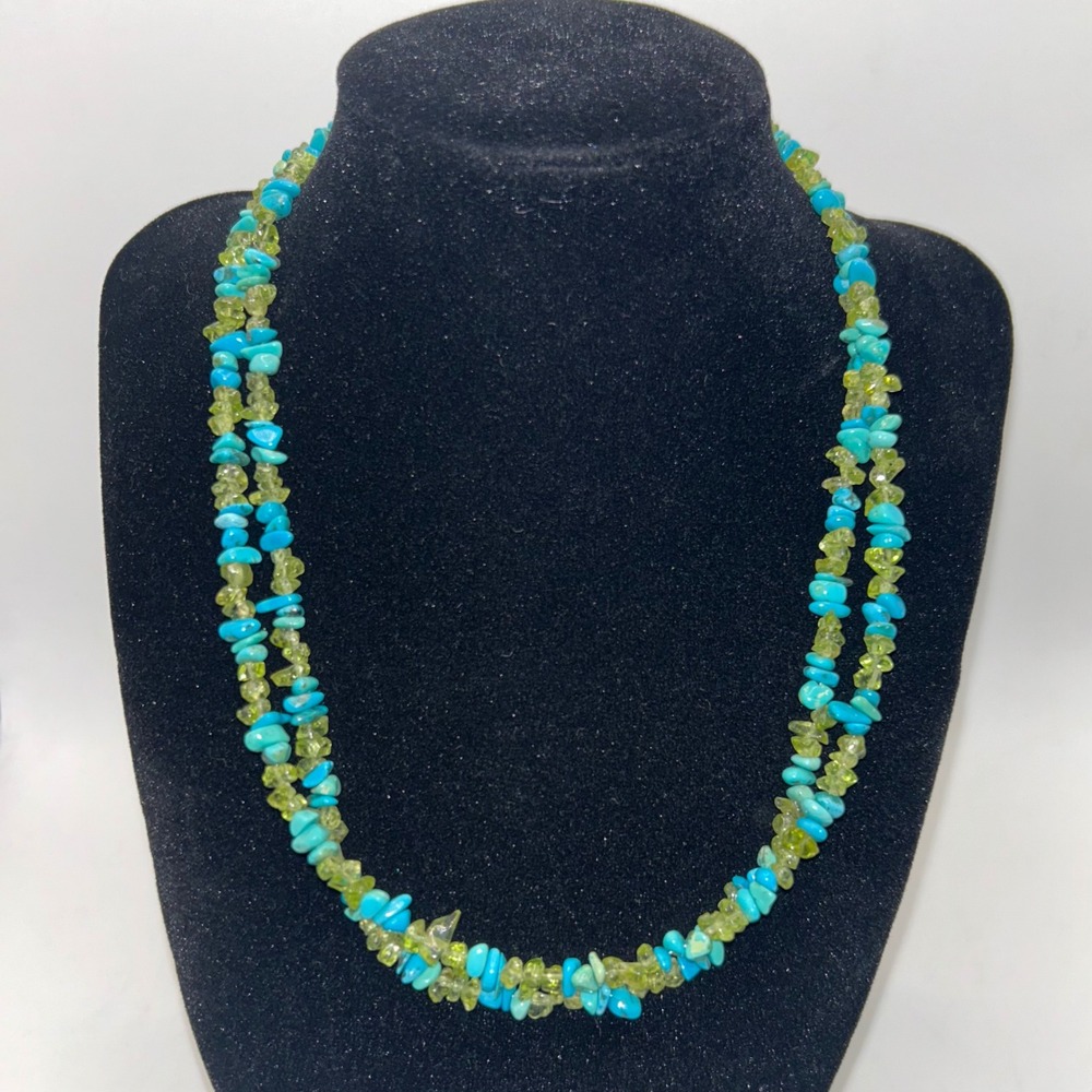 Sterling Silver 925 Turquoise Peridot Chip Multi Strand Necklace 18-21 Inch‎